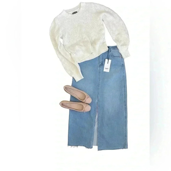 OAK New York Front Slit Denim Midi Skirt Size 4/27 NWT Raw Hem High Waist - Picture 2 of 10